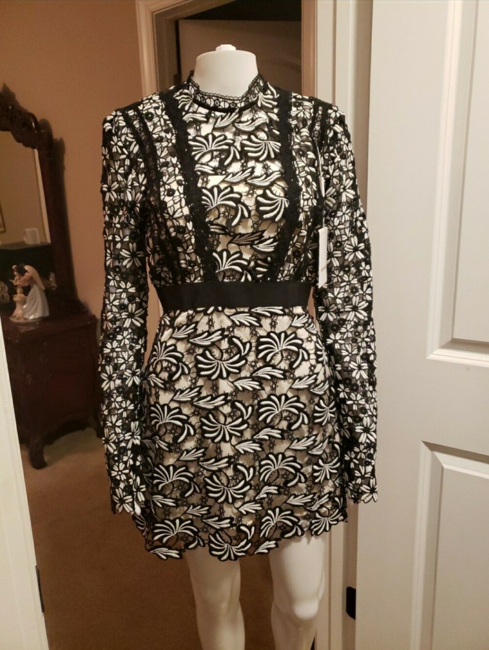 Self Portrait Black and White Lace Floral Long-Sleeve Mini Dress